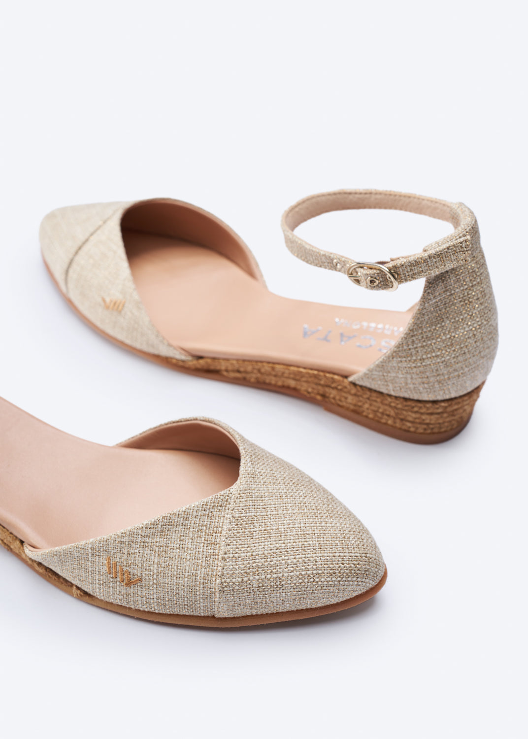 Montroig Limited Edition Gold Canvas Ankle Strap Women Espadrille Flats Toe and Back Details