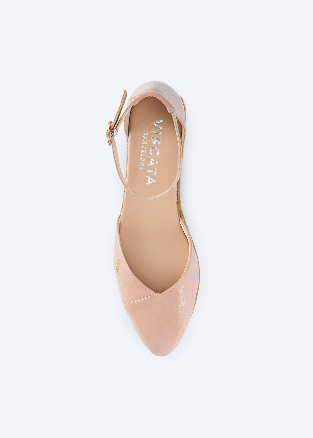 Top view of pink leather espadrille flat with ankle strap and pointed toe.