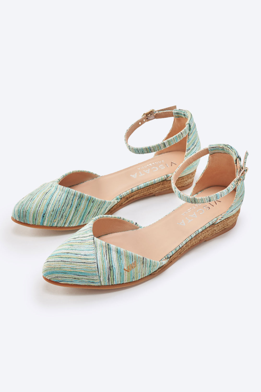 Montroig Limited Edition Multicolor Blue Canvas Ankle Strap Closed Toe Women Espadrille Flats