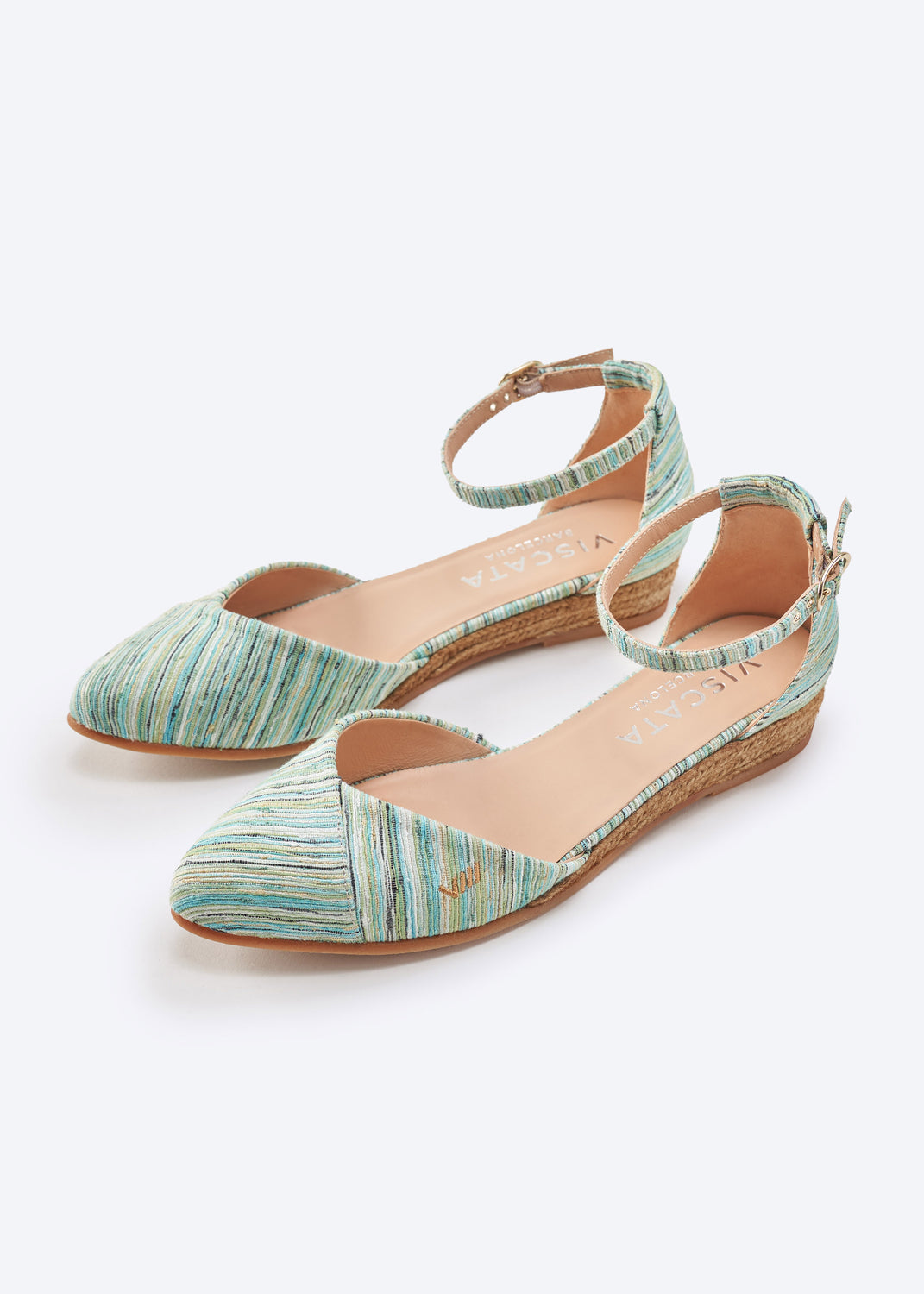 Montroig Limited Edition Multicolor Blue Canvas Ankle Strap Closed Toe Women Espadrille Flats