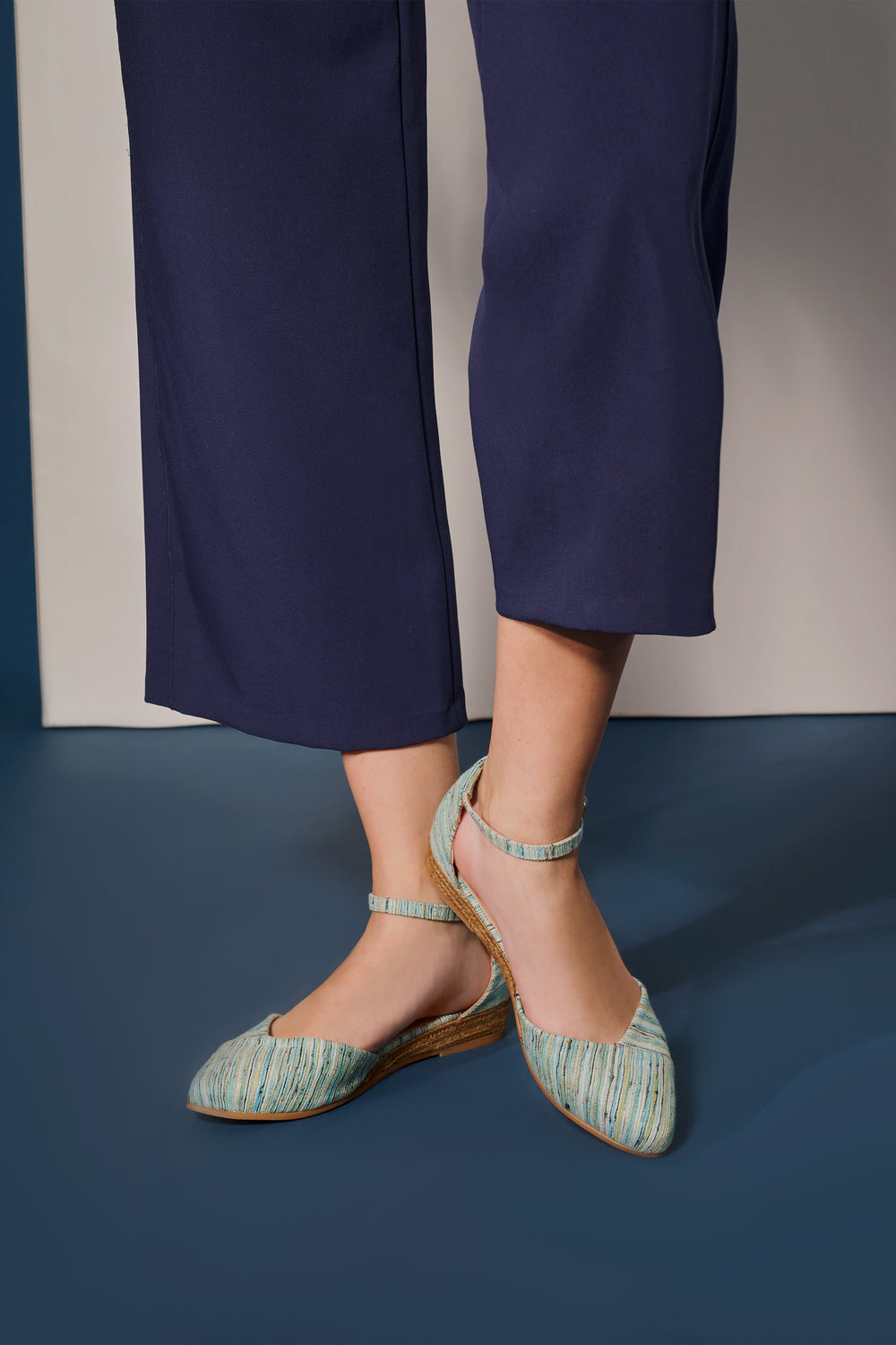 Montroig Limited Edition Multicolor Blue Canvas Ankle Strap Women Espadrille Flats Legs