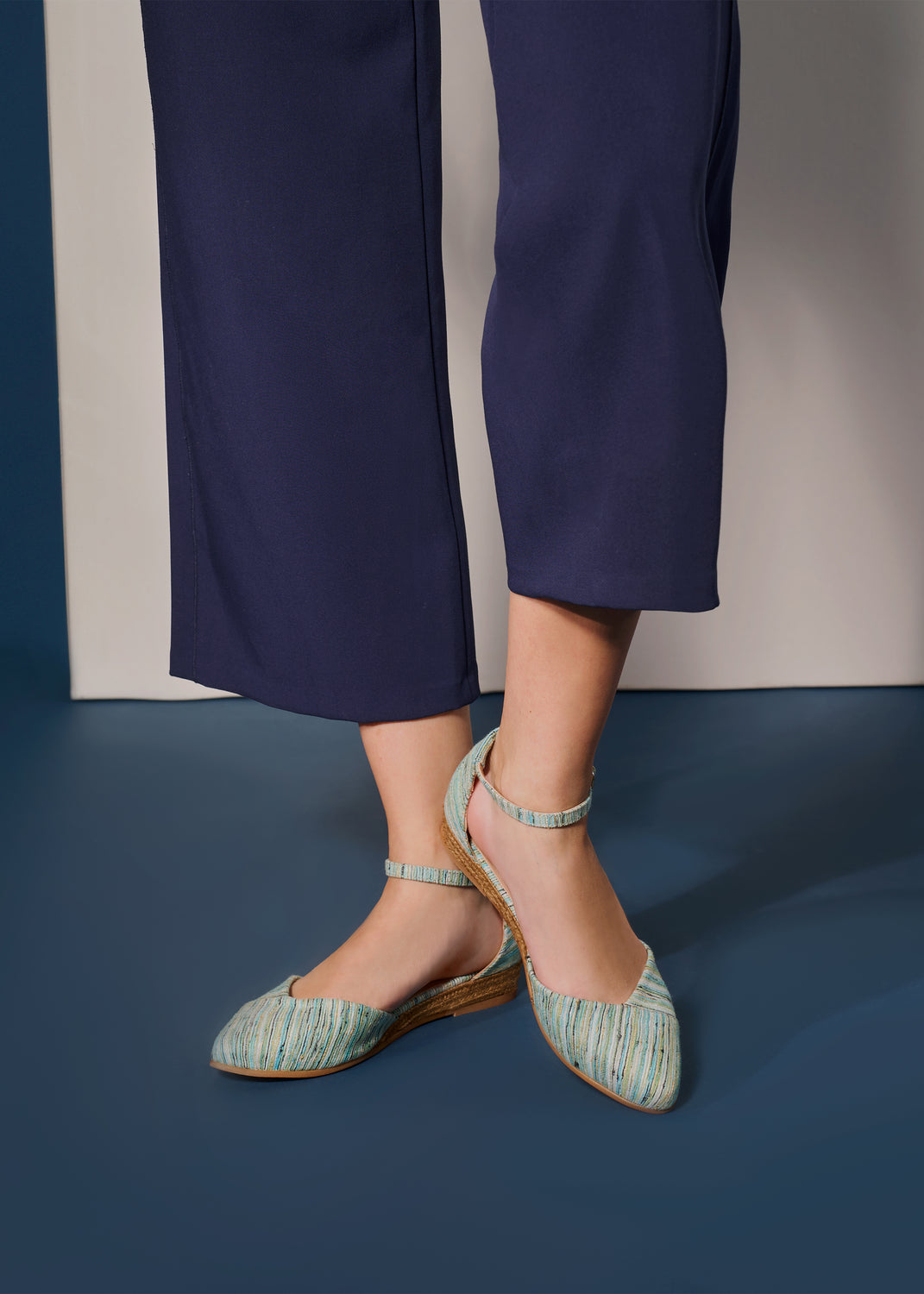 Montroig Limited Edition Multicolor Blue Canvas Ankle Strap Women Espadrille Flats Legs