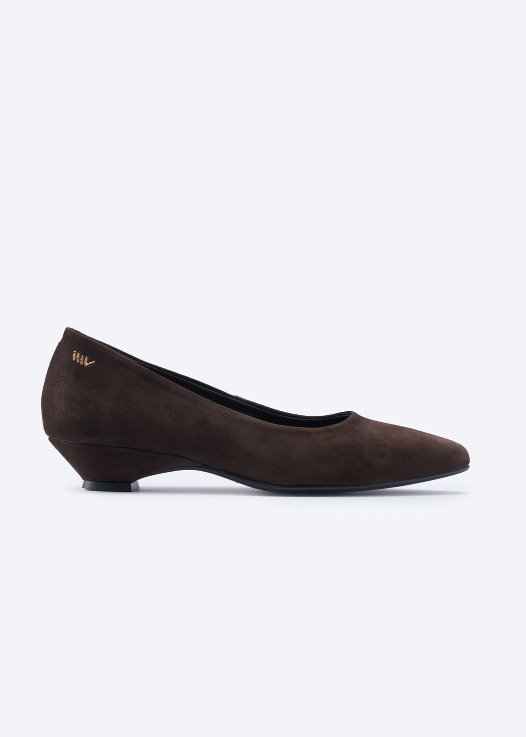 Black suede flat shoe with low block heel on a white background