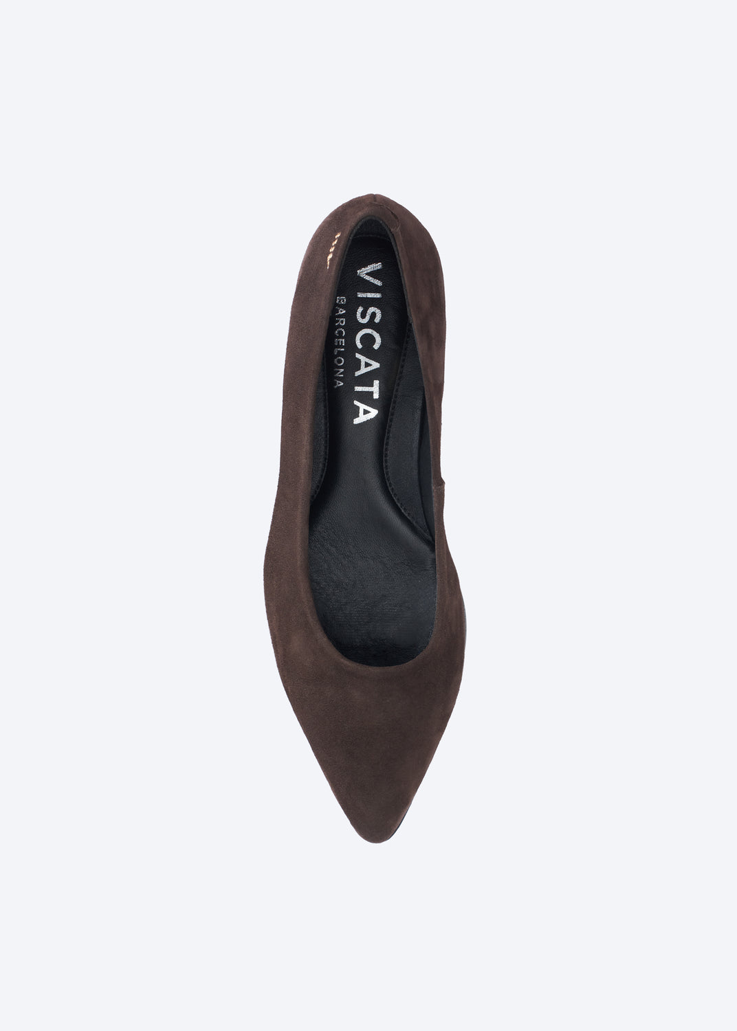 A single dark brown pointed-toe pump shoe shown from a top-down view on a light gray background. The brand name 'VISCATA' is printed in white on the black interior sole.