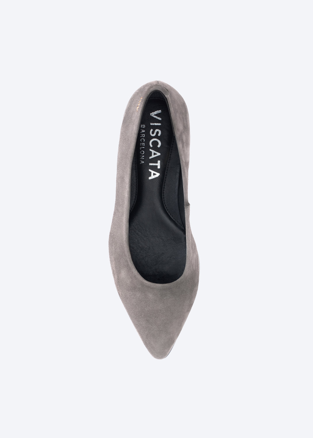 Top view of VISCATA Novara taupe suede shoe with pointed toe and low block heel