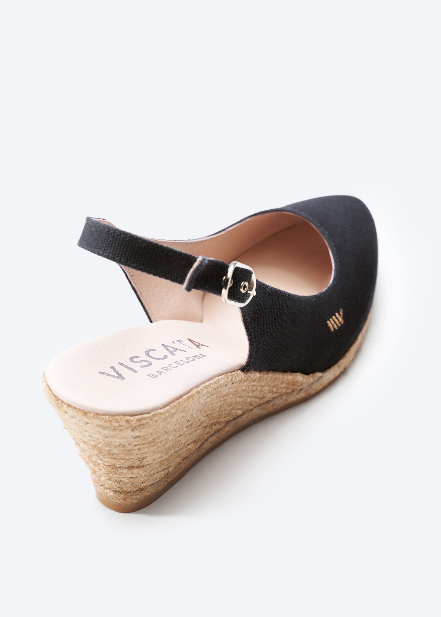 Palomera Black Canvas Slingback Women Espadrille Wedge Buckle Detail