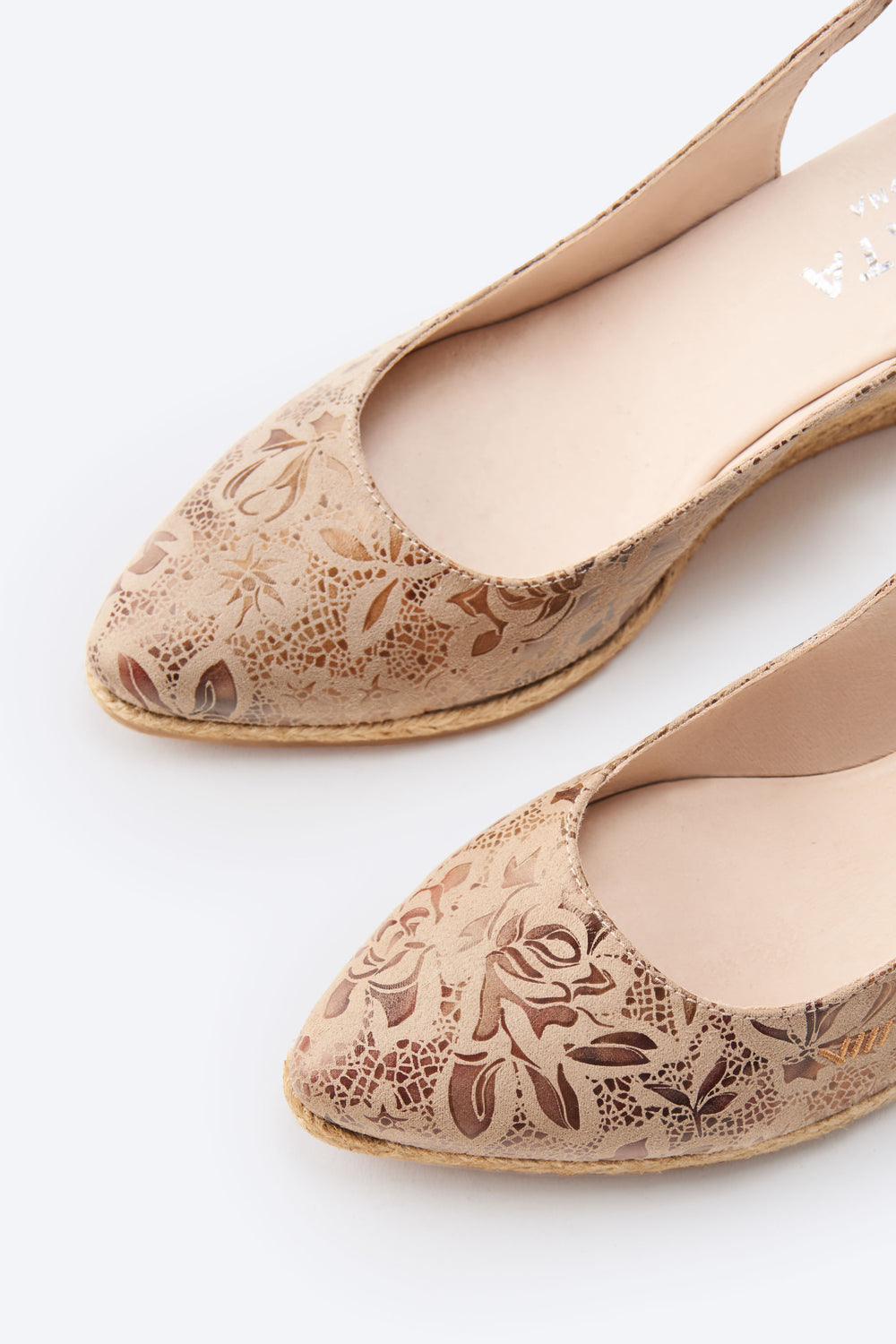 Palomera Limited Edition Floral Jacquard Copper Print Canvas Slingback Women Espadrille WedgesPointed Closed Toe Detail