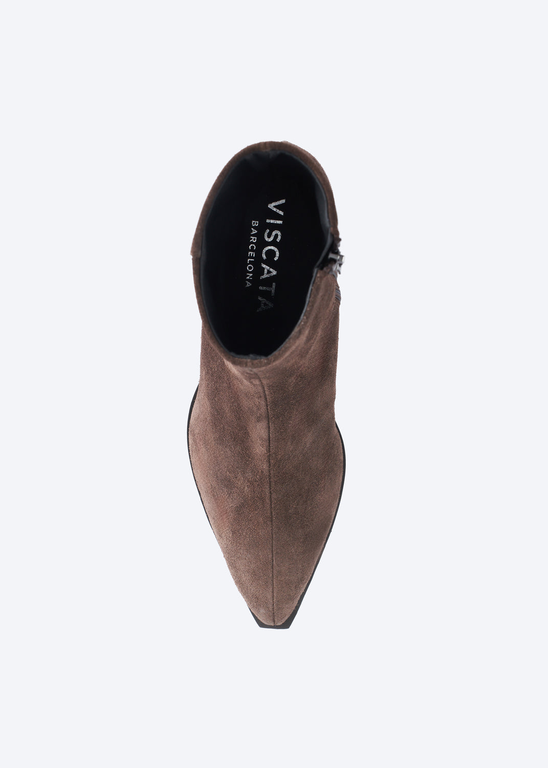 A single brown suede ankle boot with a pointed toe, shown from a top-down view on a light gray background. The brand name 'VISCATA' is visible on the black inner lining.