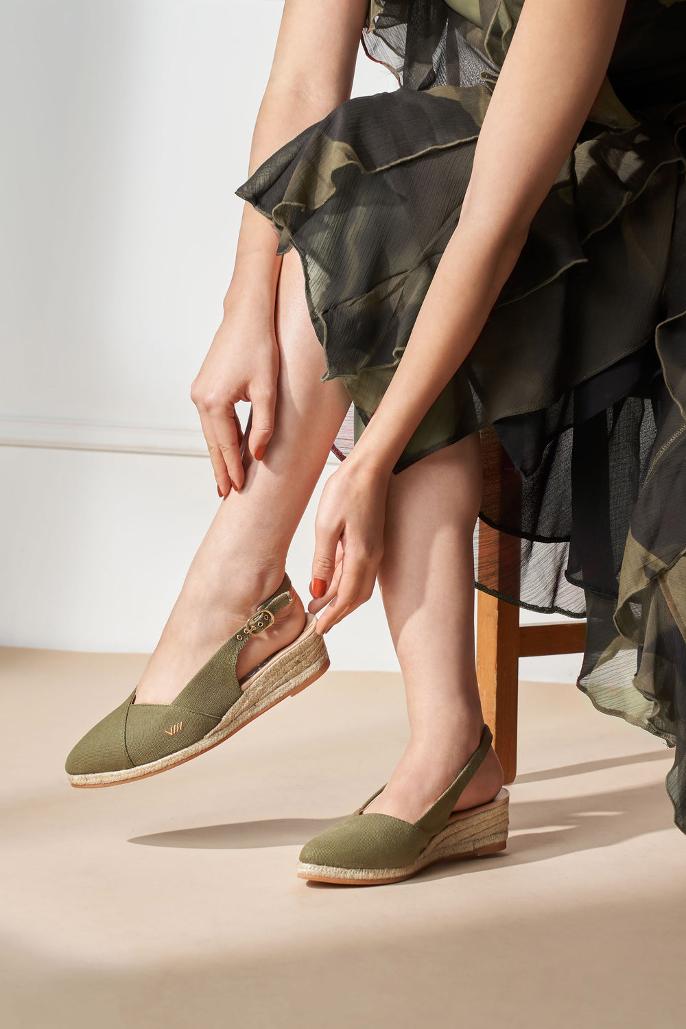 Premia Limited Edition Olive Canvas Slingback Women Espadrille Wedges Legs