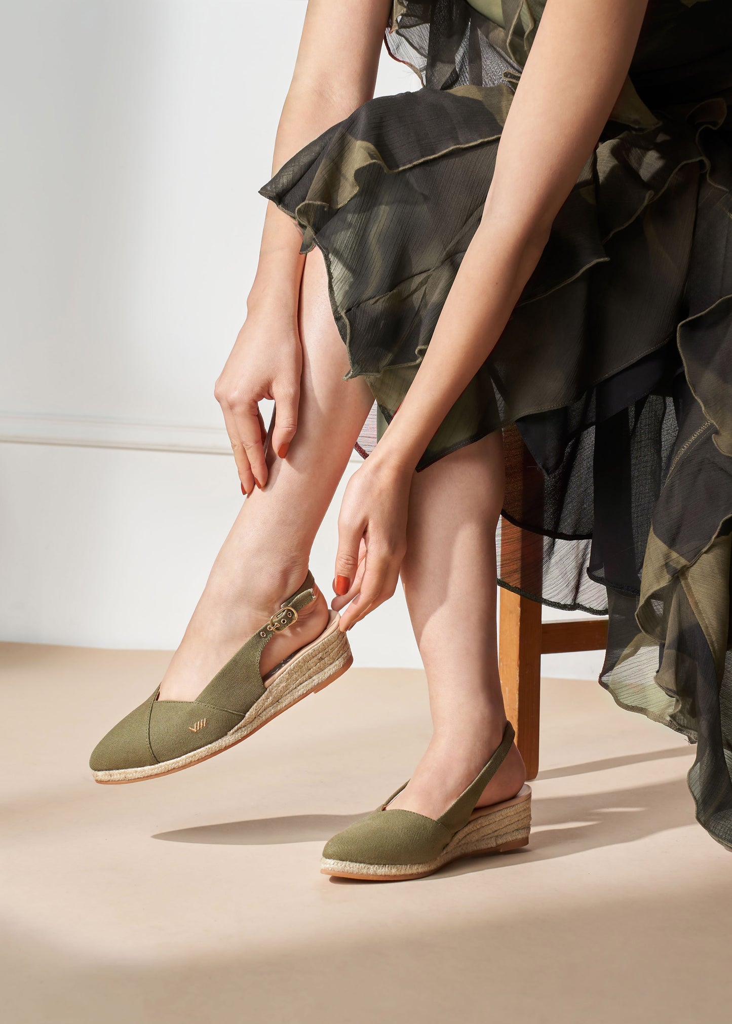 Premia Limited Edition Olive Canvas Slingback Women Espadrille Wedges Legs