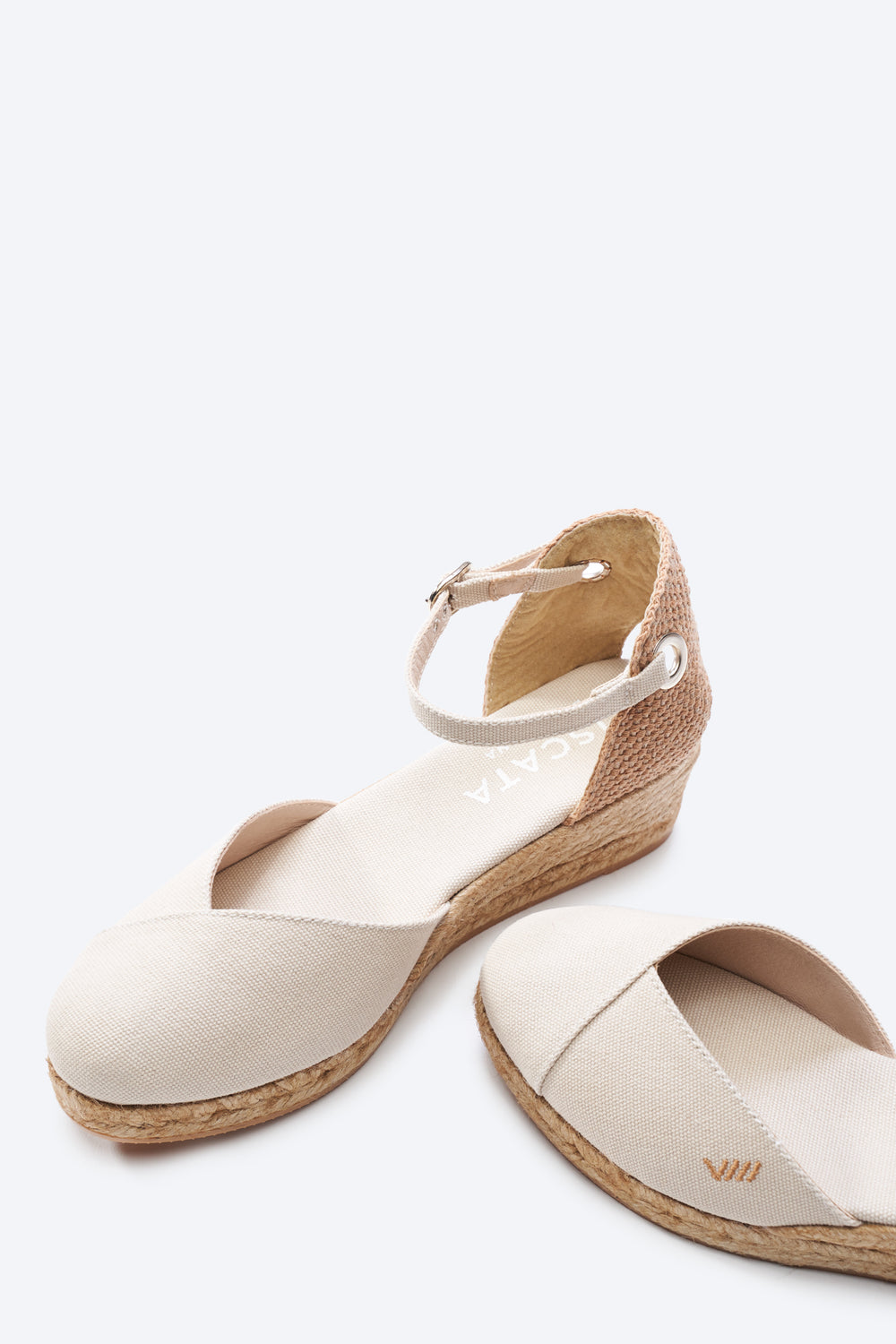 Pubol Beige Canvas Ankle Strap Women Espadrille Low Heel Wedges