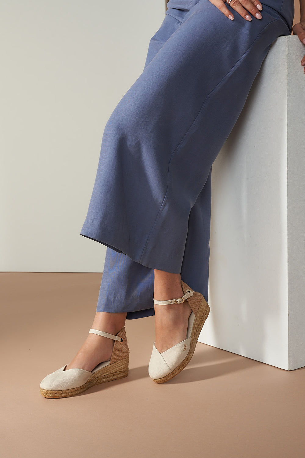 Pubol Beige Canvas Ankle Strap Women Espadrille Wedges Legs