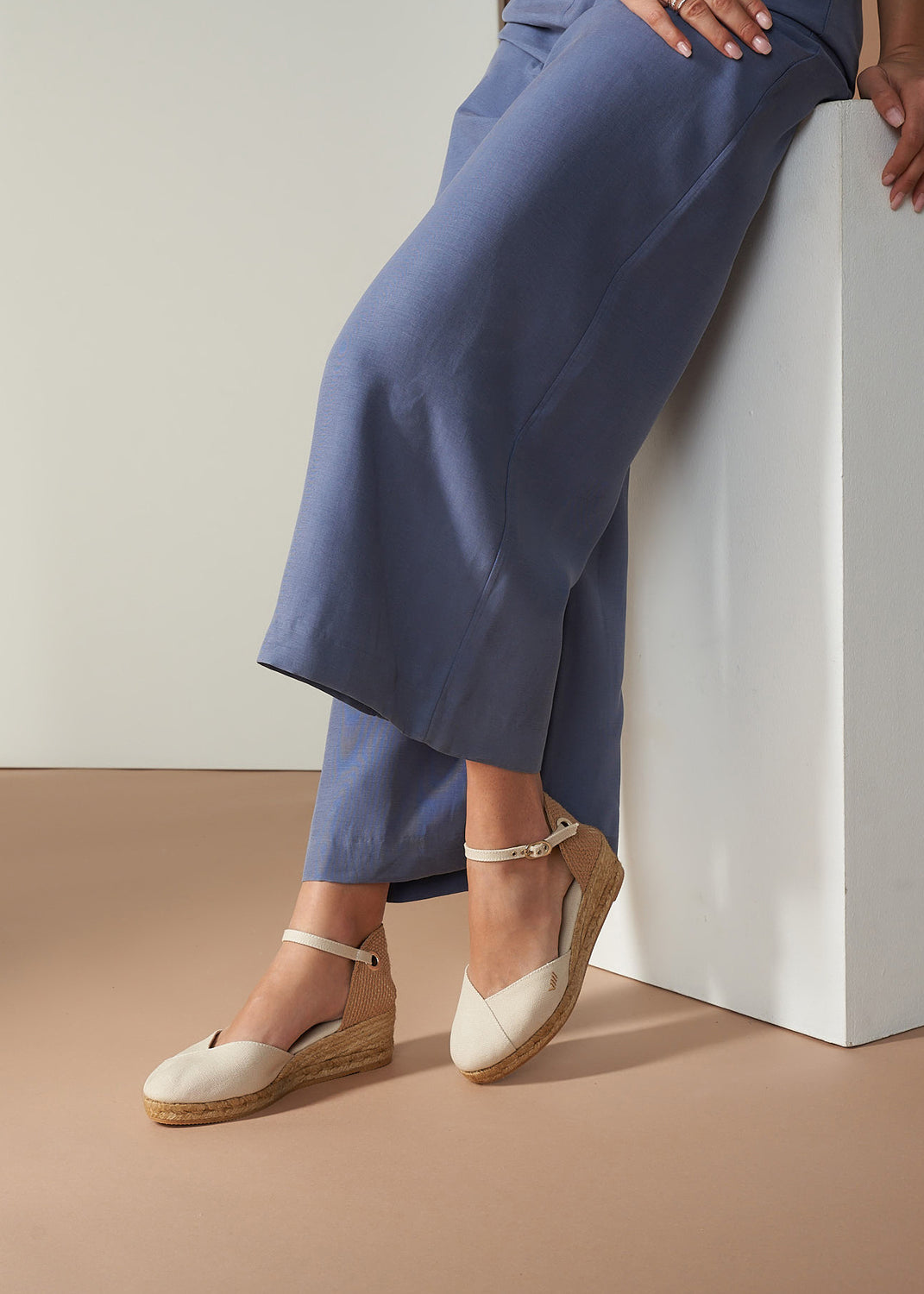 Pubol Beige Canvas Ankle Strap Women Espadrille Wedges Legs