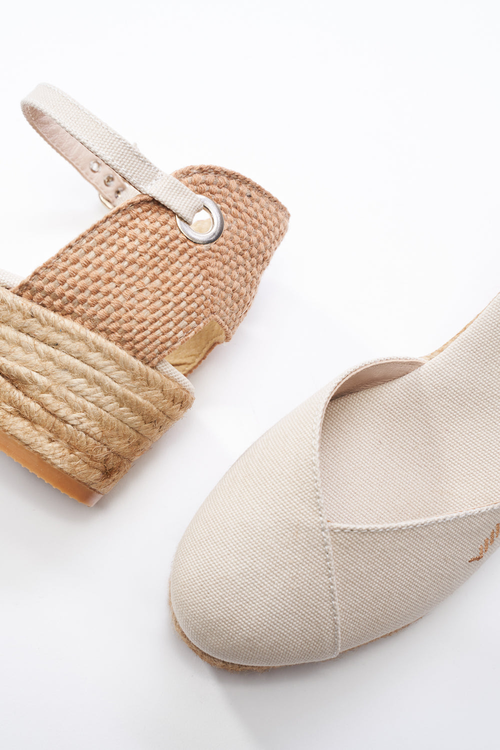 Pubol Beige Canvas Ankle Strap Women Espadrille Wedges Back and Toe Detail