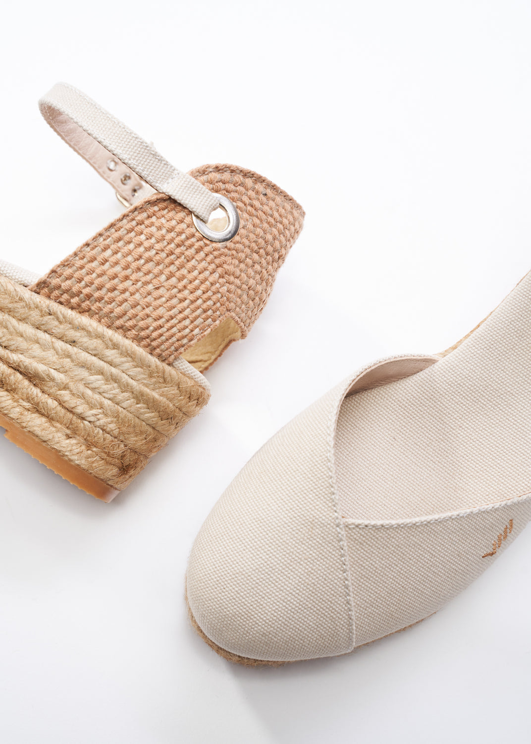 Pubol Beige Canvas Ankle Strap Women Espadrille Wedges Back and Toe Detail