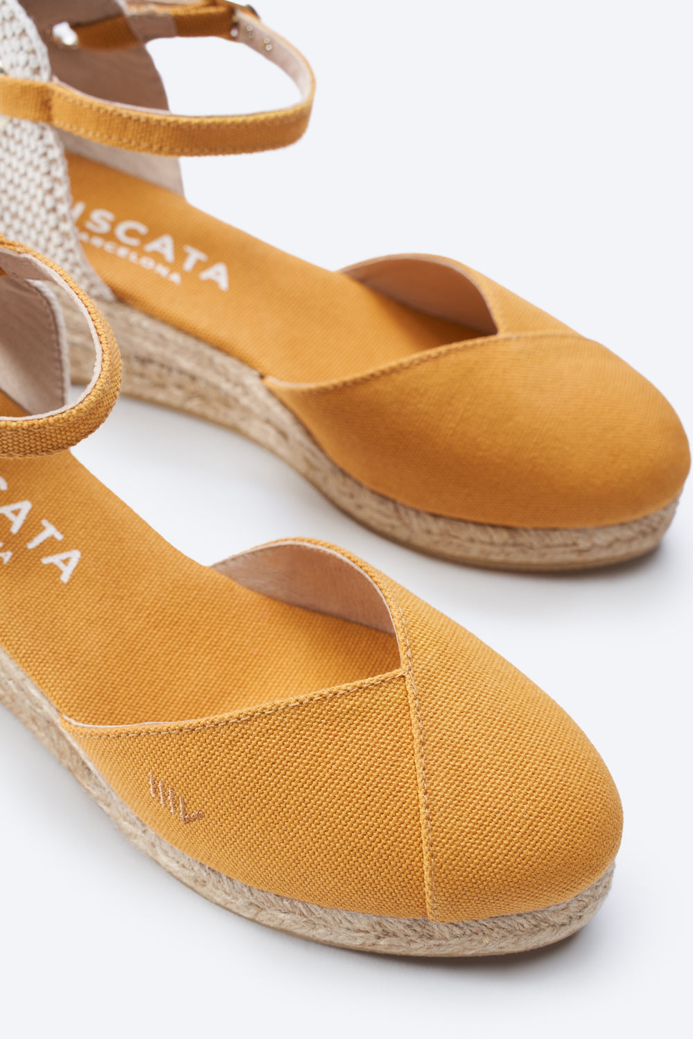 Pubol Limited Edition Mustard Canvas Ankle Strap Women Espadrille Low Wedge V Cut Toe Detail