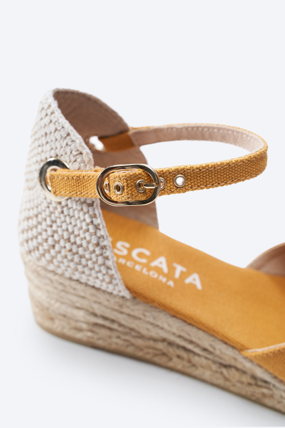 Pubol Limited Edition Mustard Canvas Ankle Strap Women Espadrille Low Wedge Buckle Detail