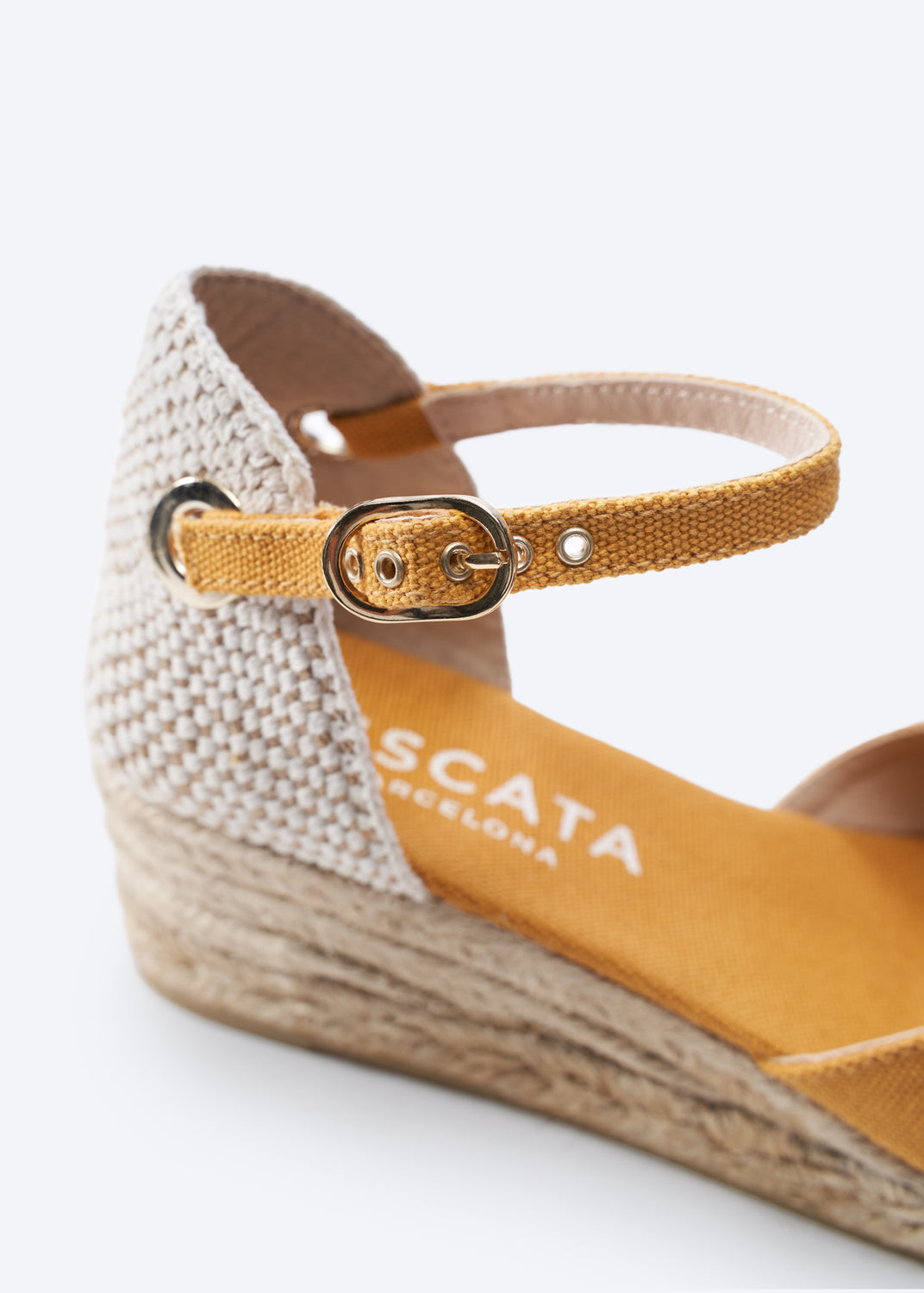 Pubol Limited Edition Mustard Canvas Ankle Strap Women Espadrille Low Wedge Buckle Detail