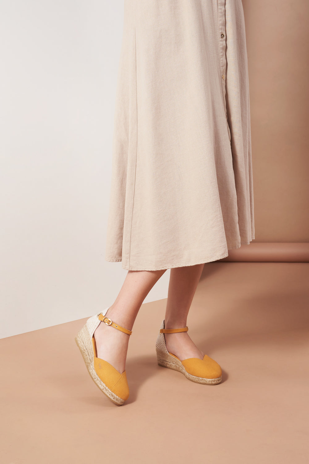 Pubol Limited Edition Mustard Canvas Ankle Strap Women Espadrille Low Wedges Legs