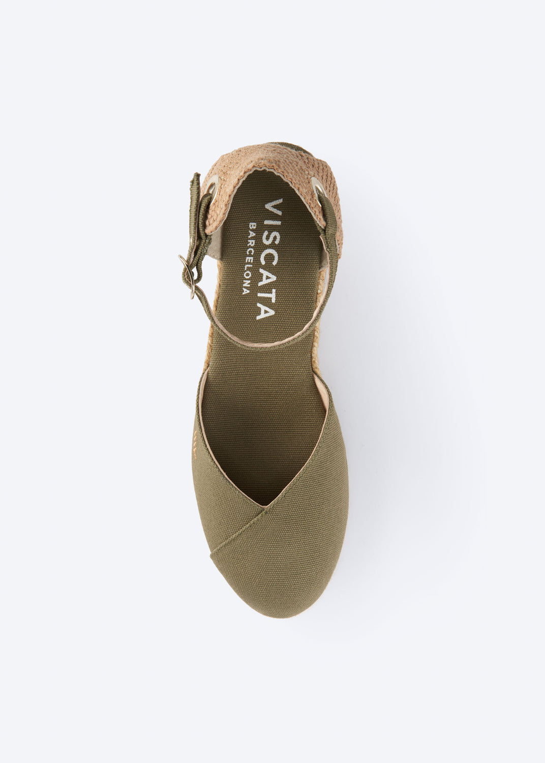 Top view of olive green espadrille sandal with crossed vamp, ankle strap, and natural braided jute heel, handcrafted in Spain