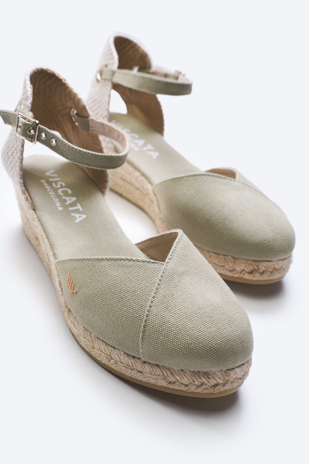 Pubol Limited Edition Sage Green Canvas Ankle Strap Women Espadrille Wedges V Cut Closed Toe Detail