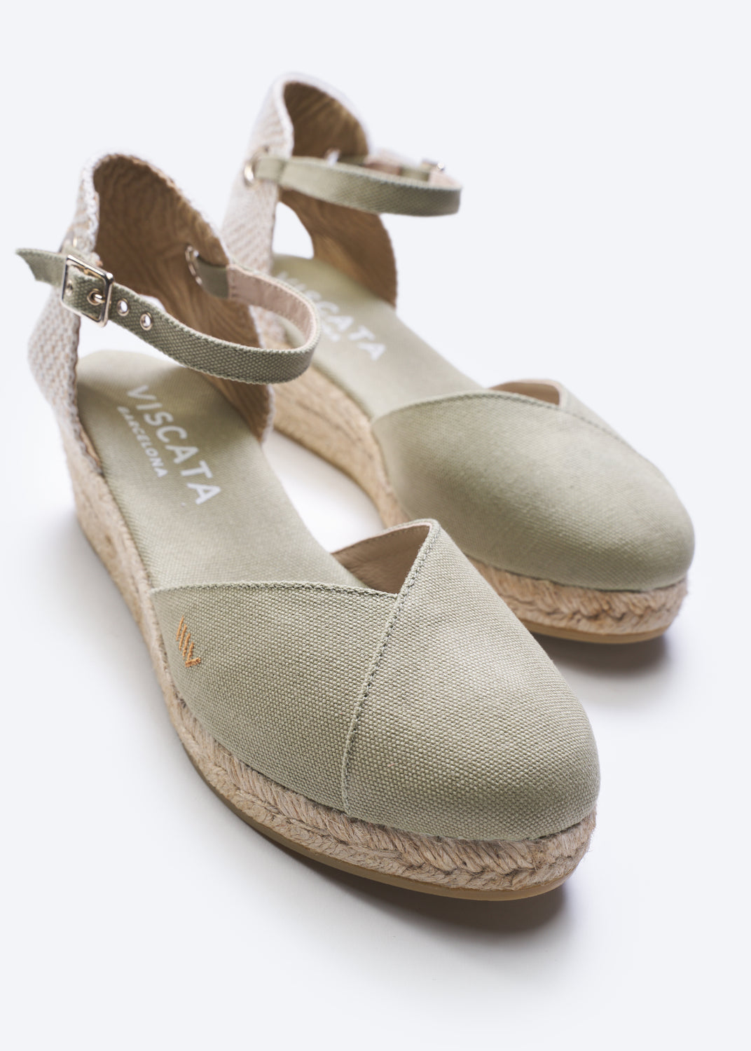 Pubol Limited Edition Sage Green Canvas Ankle Strap Women Espadrille Wedges V Cut Closed Toe Detail