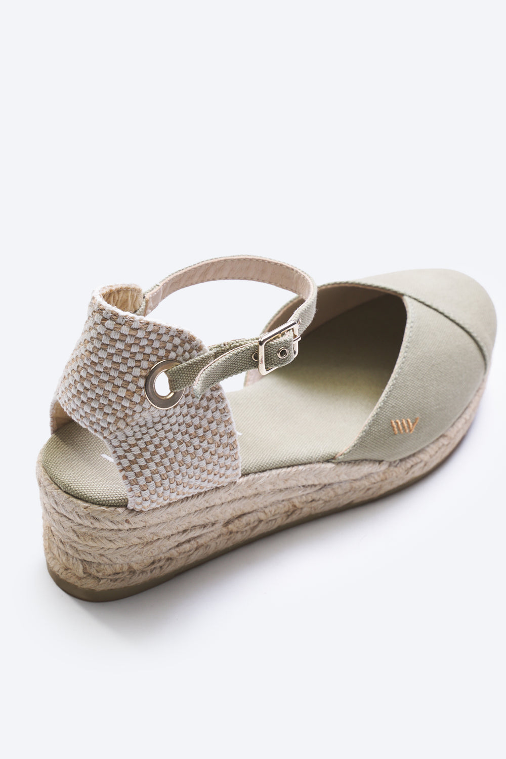 Pubol Limited Edition Sage Green Canvas Ankle Strap Women Espadrille Wedge Flexible Back Detail