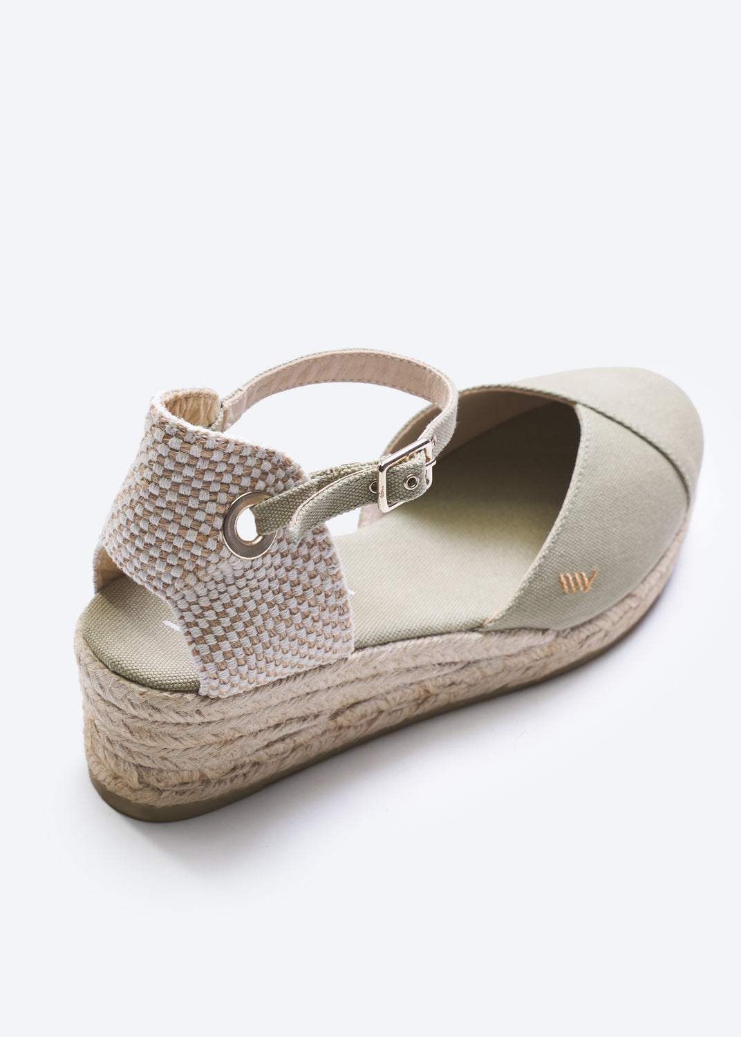 Pubol Limited Edition Sage Green Canvas Ankle Strap Women Espadrille Wedge Flexible Back Detail