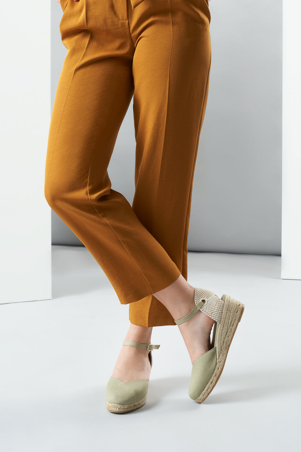 Pubol Limited Edition Sage Green Canvas Ankle Strap Women Espadrille Wedges Legs