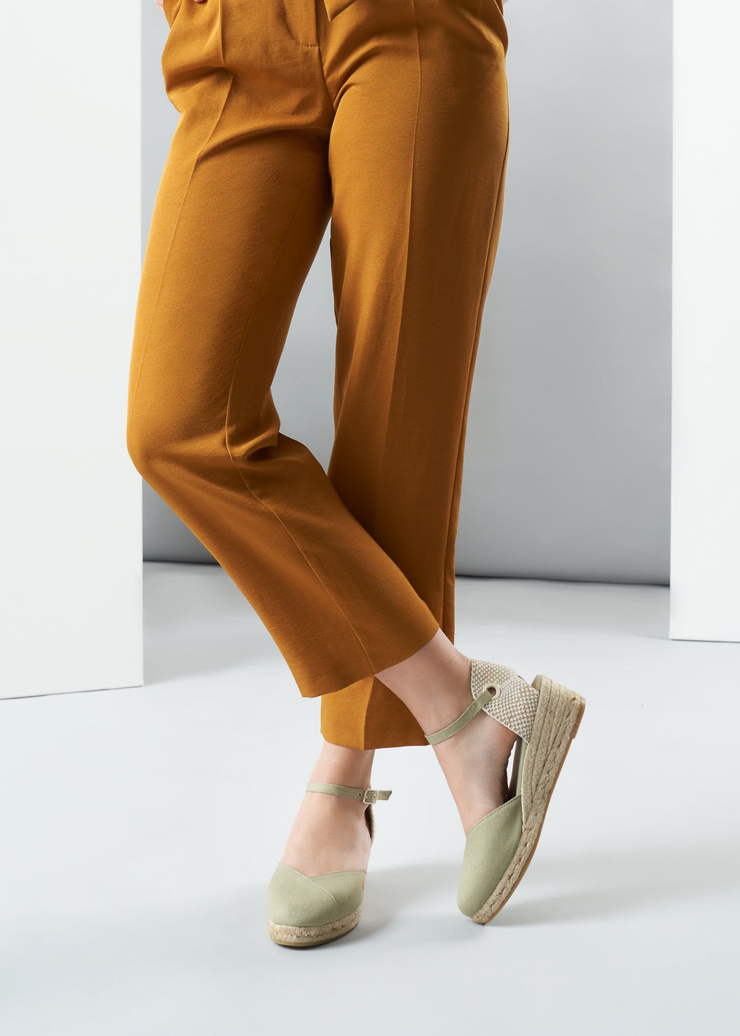 Pubol Limited Edition Sage Green Canvas Ankle Strap Women Espadrille Wedges Legs