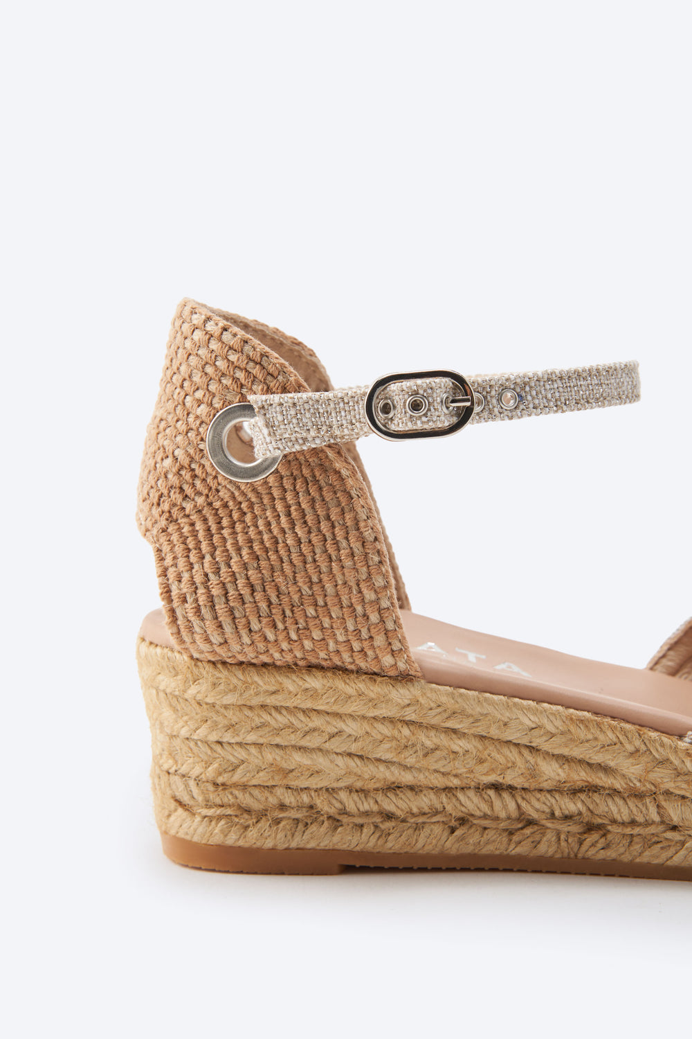 Pubol Limited Edition Silver Canvas Ankle Strap Women Espadrille Low Wedge Flexible Back Detail