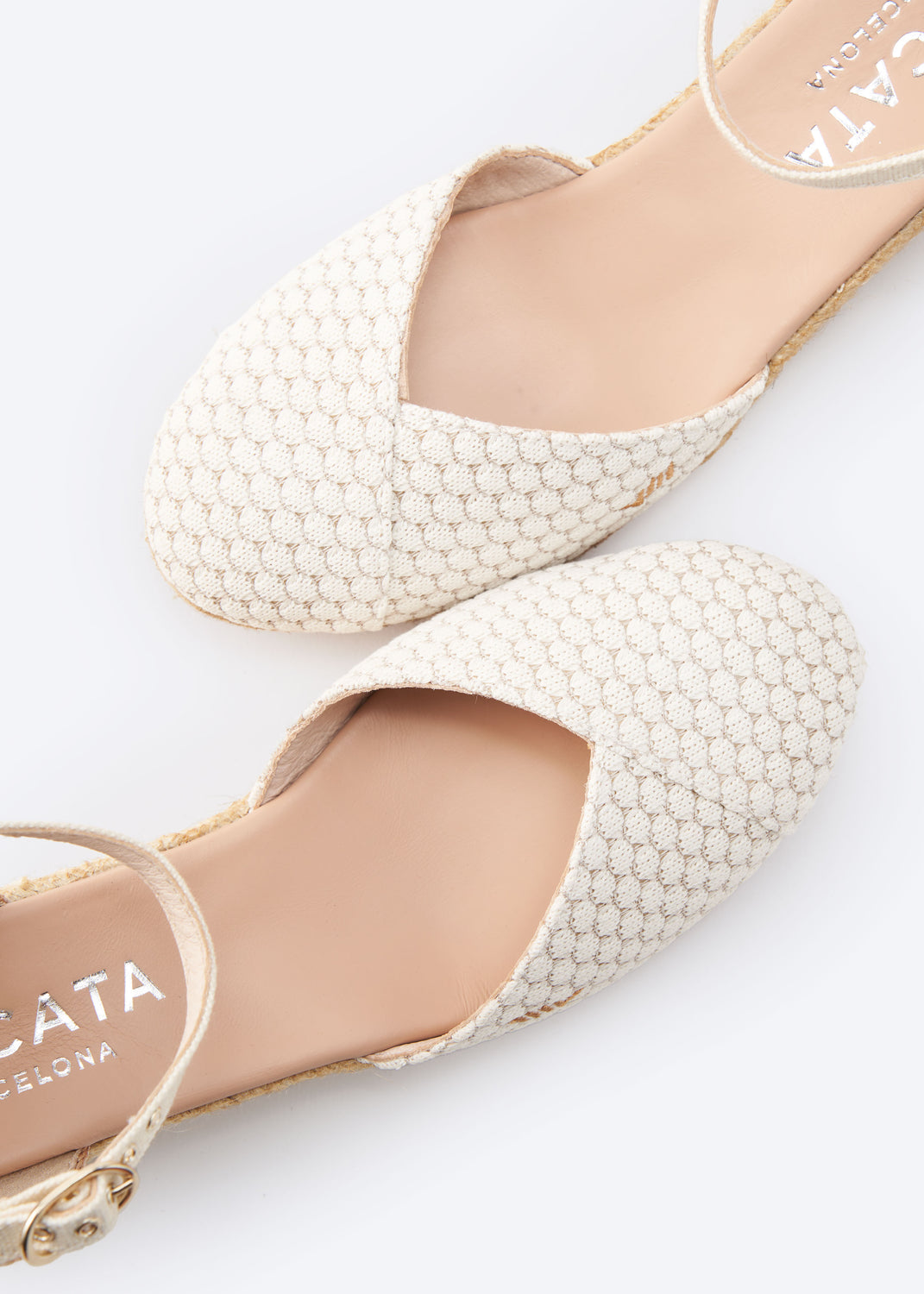 Pubol Limited Edition White Mesh Canvas Ankle Strap Women Espadrille Low Wedges Closed Toe Detail