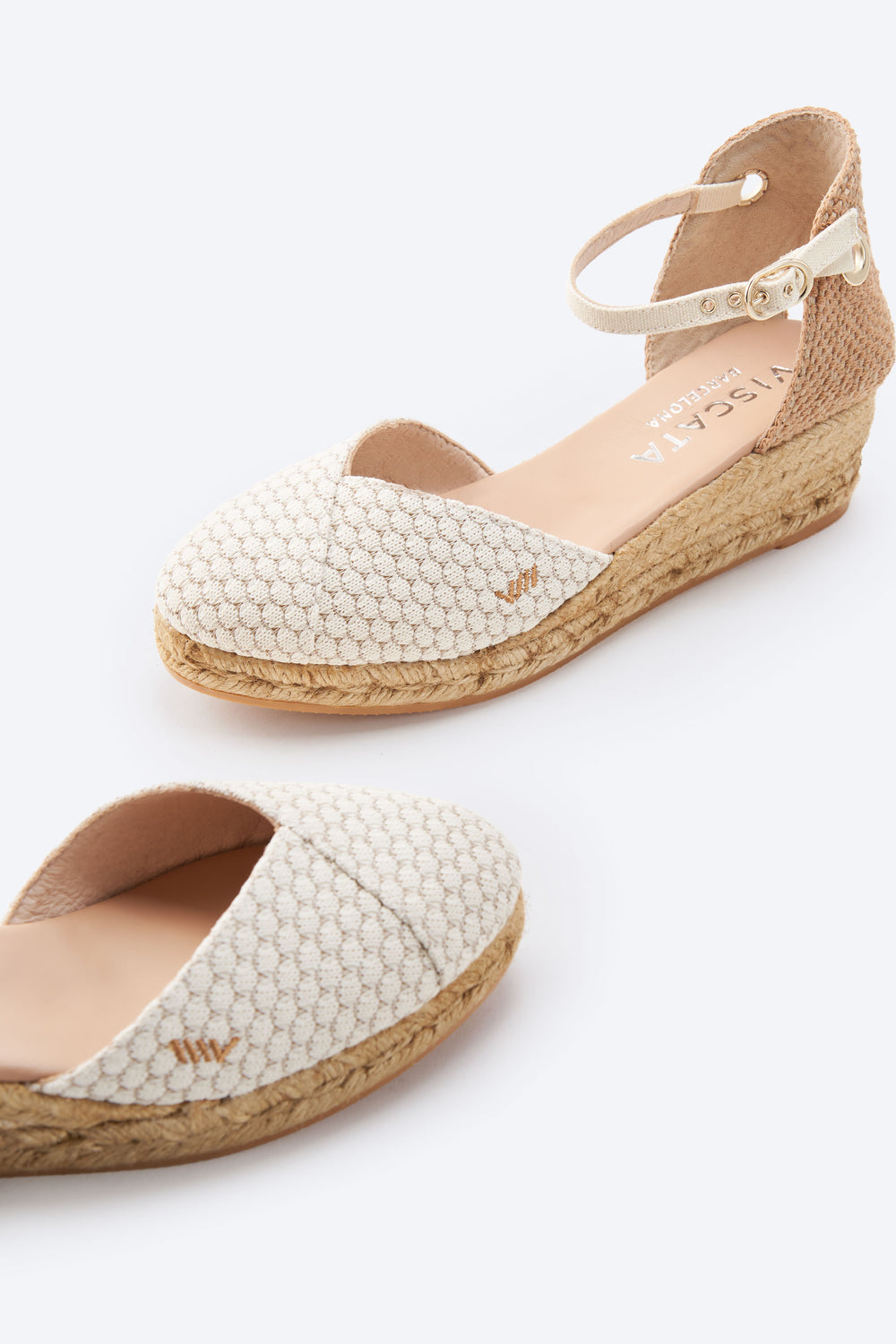 Pubol Limited Edition White Mesh Canvas Ankle Strap Women Espadrille Low Heel Wedges