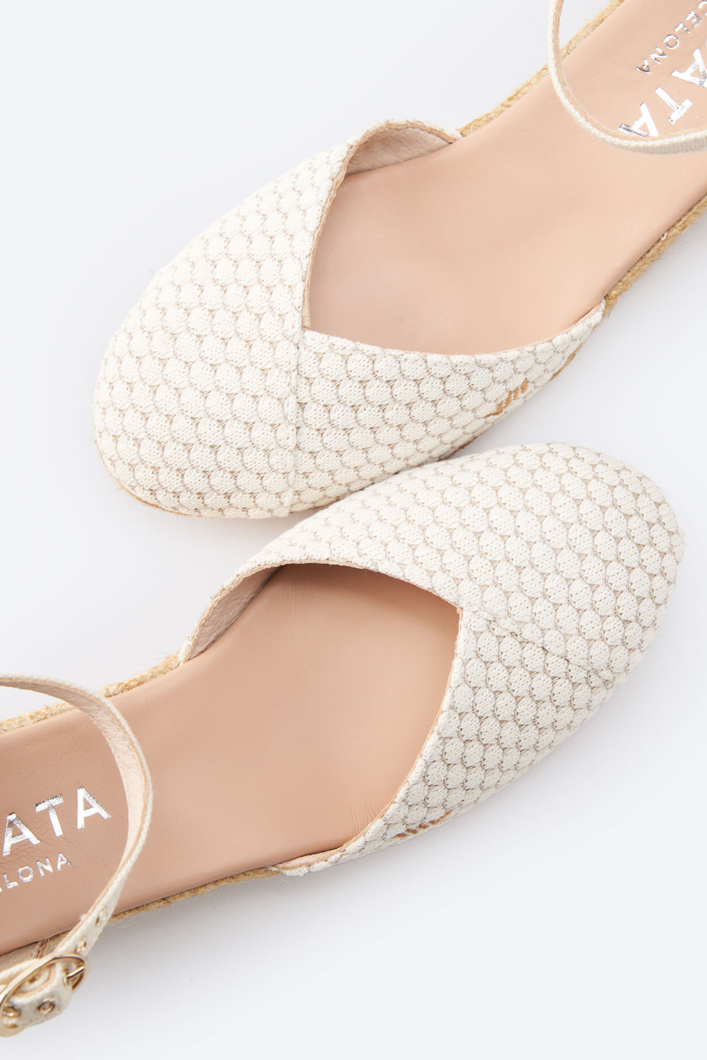 Pubol Limited Edition White Mesh Canvas Ankle Strap Women Espadrille Low Wedges Closed Toe Detail