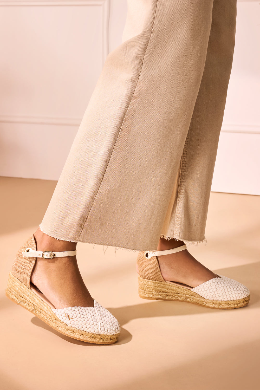 Pubol Limited Edition White Mesh Canvas Ankle Strap Women Espadrille Low Wedges Legs