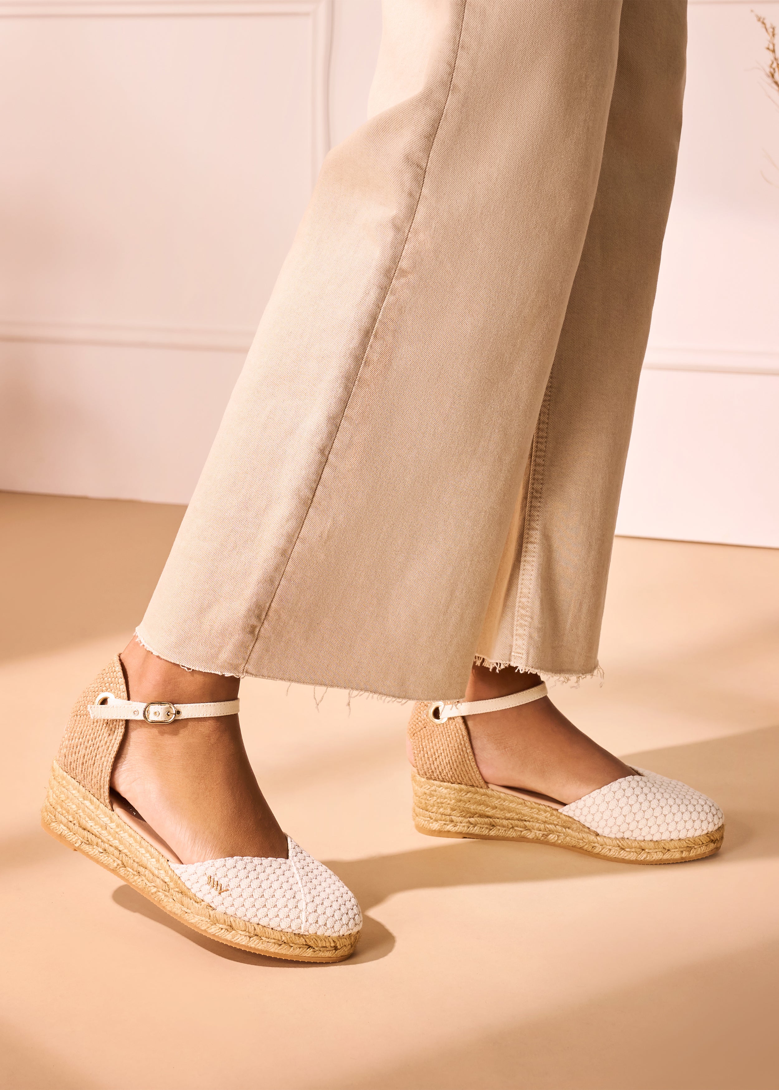Pubol Limited Edition White Mesh Canvas Ankle Strap Women Espadrille Low Wedges Legs