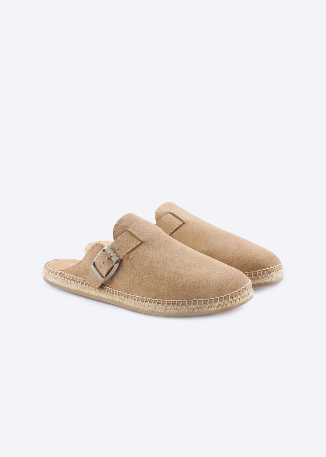 Pair of camel suede espadrille mule clogs with buckle.