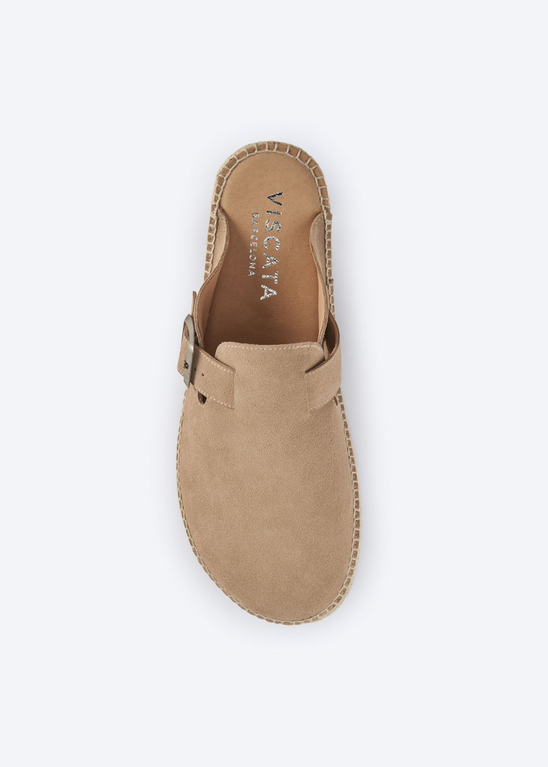 Top view of a camel suede espadrille mule with buckle.
