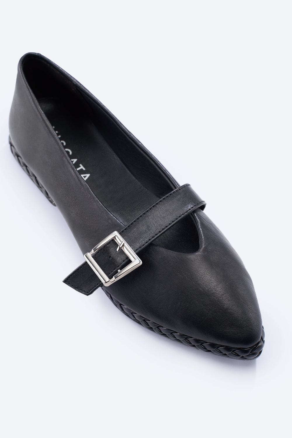 Remini Black Leather Mary-Jane Pointed Toe Flats with a Braided Sole