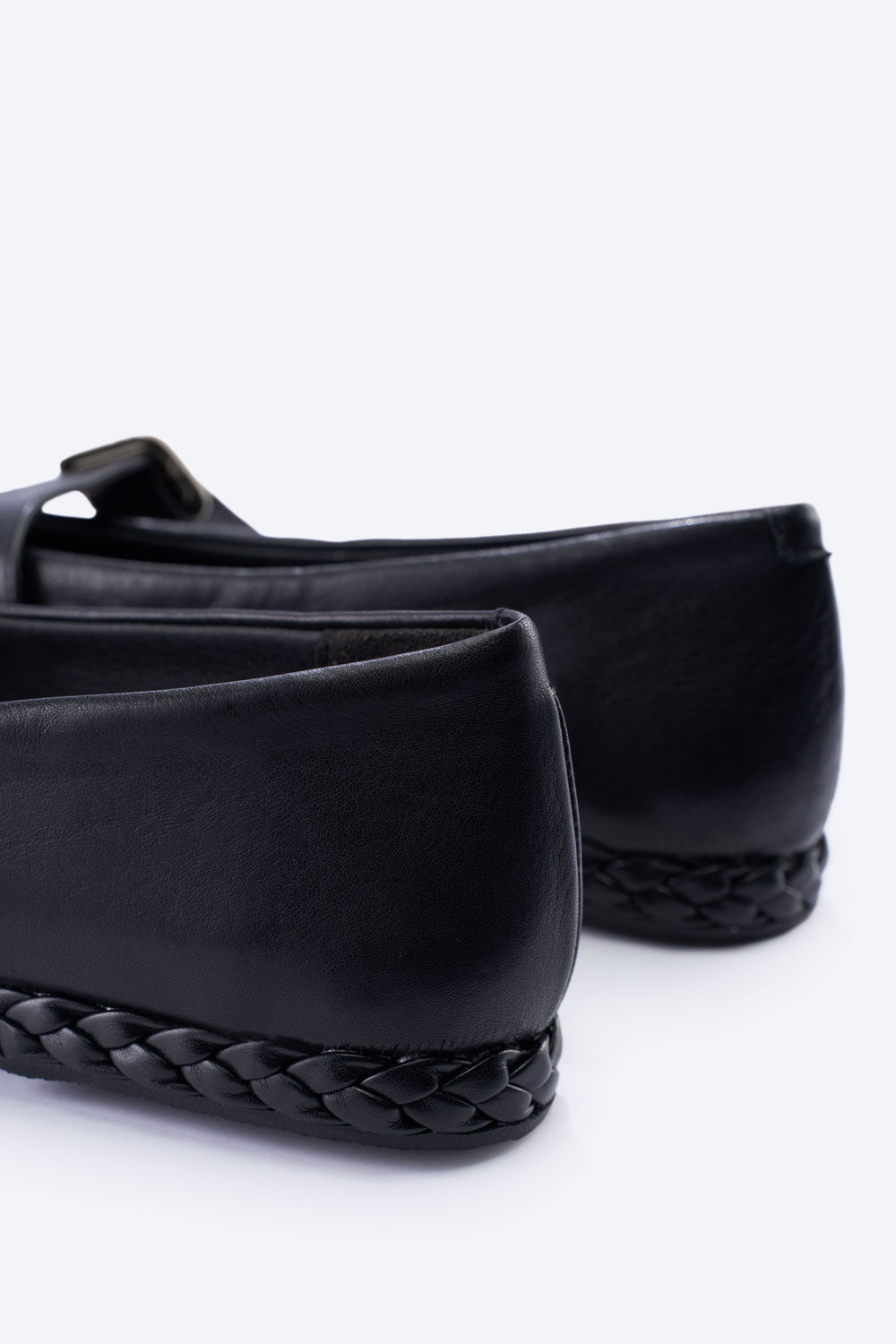Remini Black Leather Mary-Jane Flats with a Braided Sole Back Close-up
