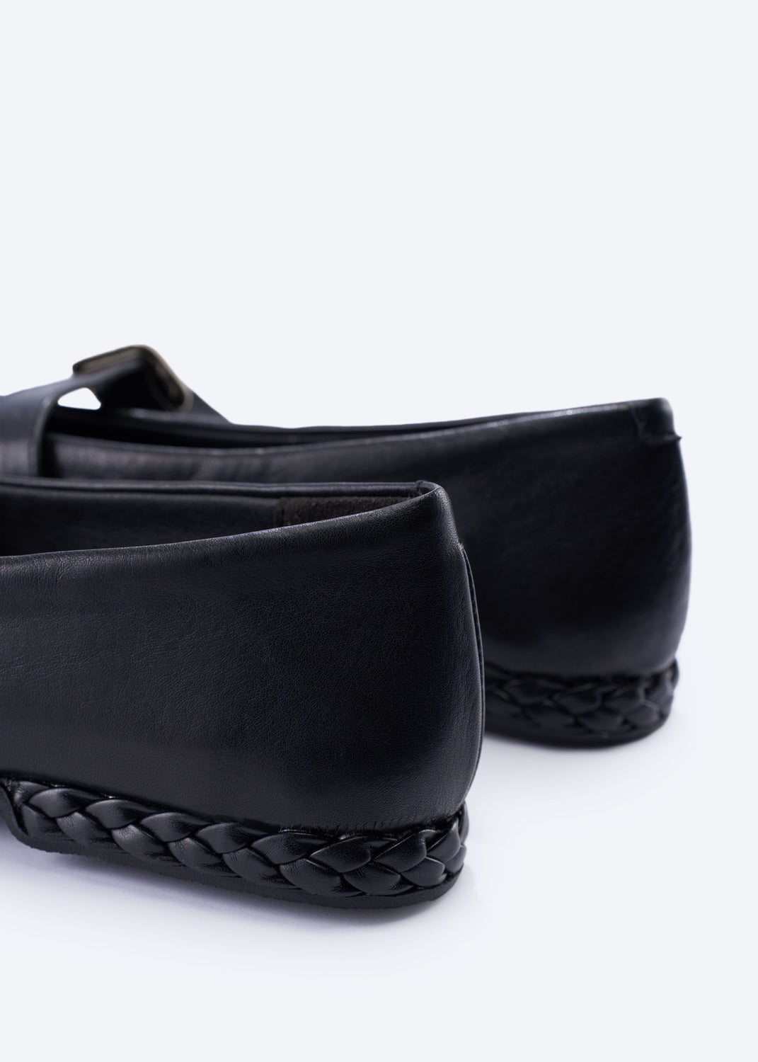 Remini Black Leather Mary-Jane Flats with a Braided Sole Back Close-up