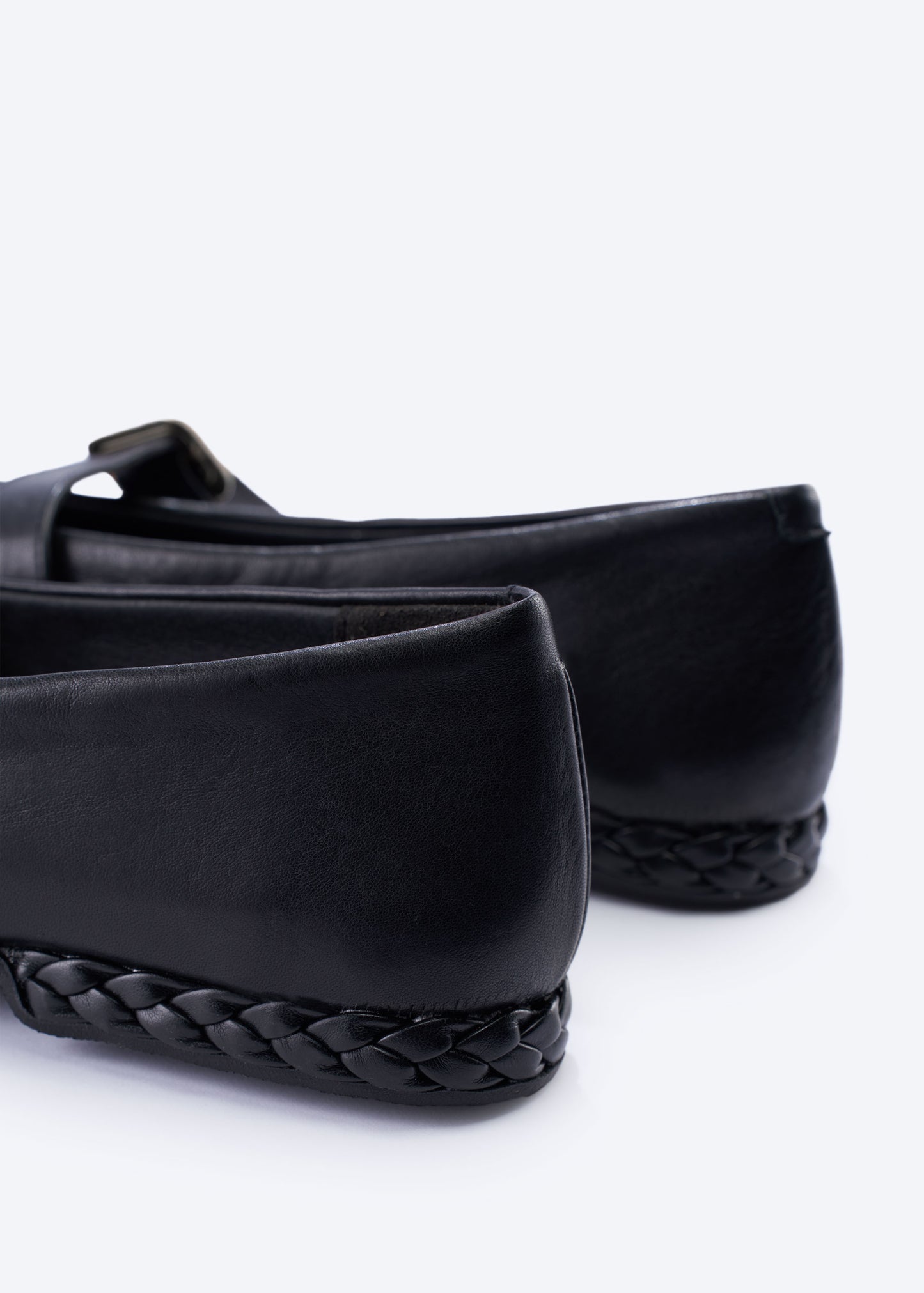 Remini Black Leather Mary-Jane Flats with a Braided Sole Back Close-up