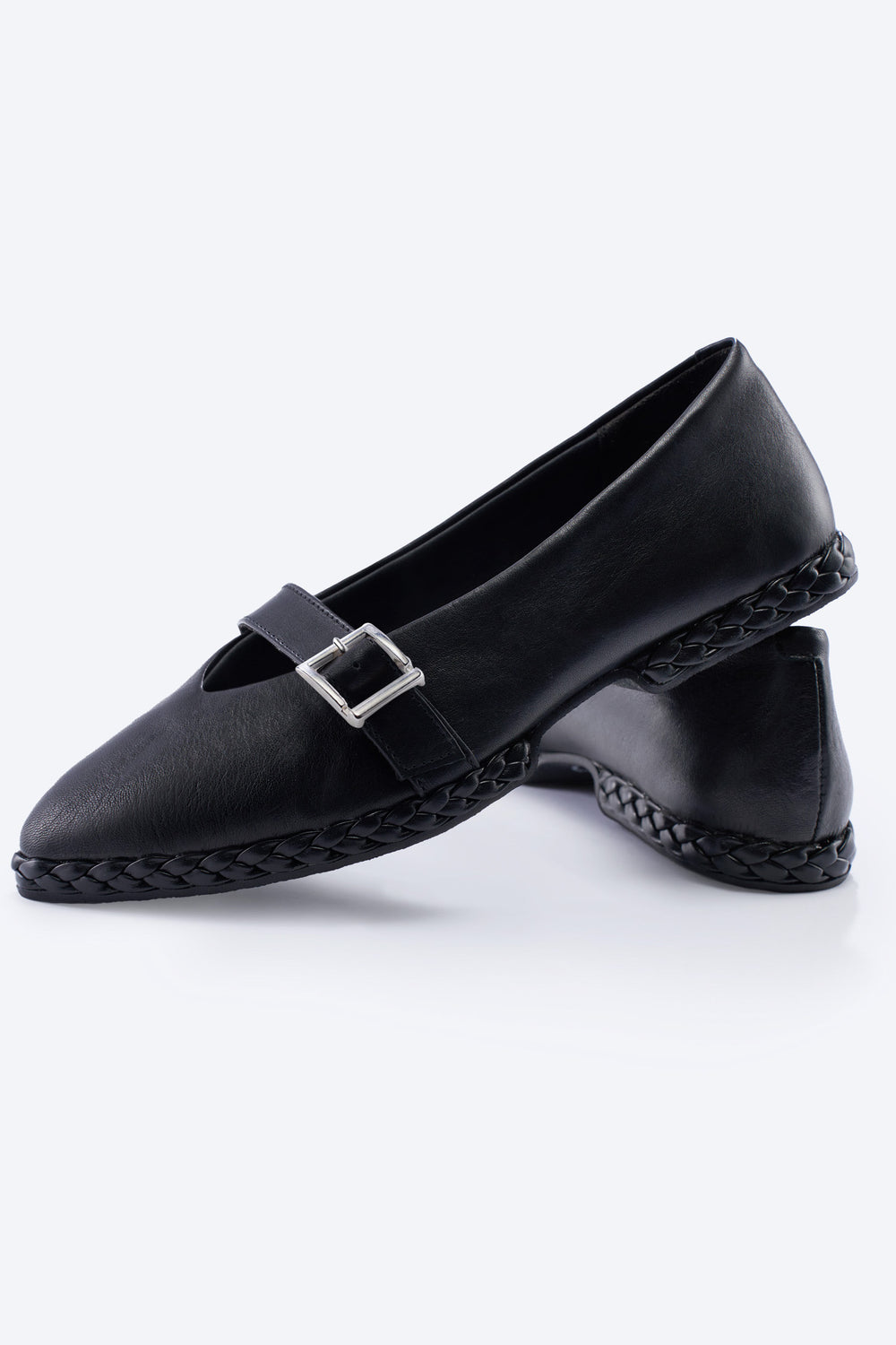 Pair of Remini Black Leather Mary-Jane Pointed Toe Flats with a Braided Sole