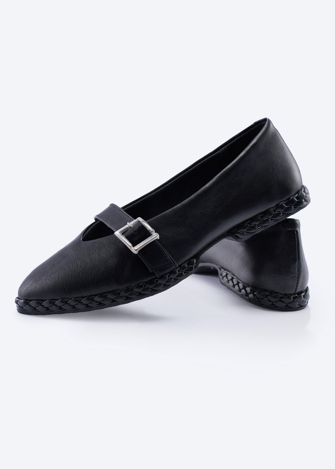 Pair of Remini Black Leather Mary-Jane Pointed Toe Flats with a Braided Sole