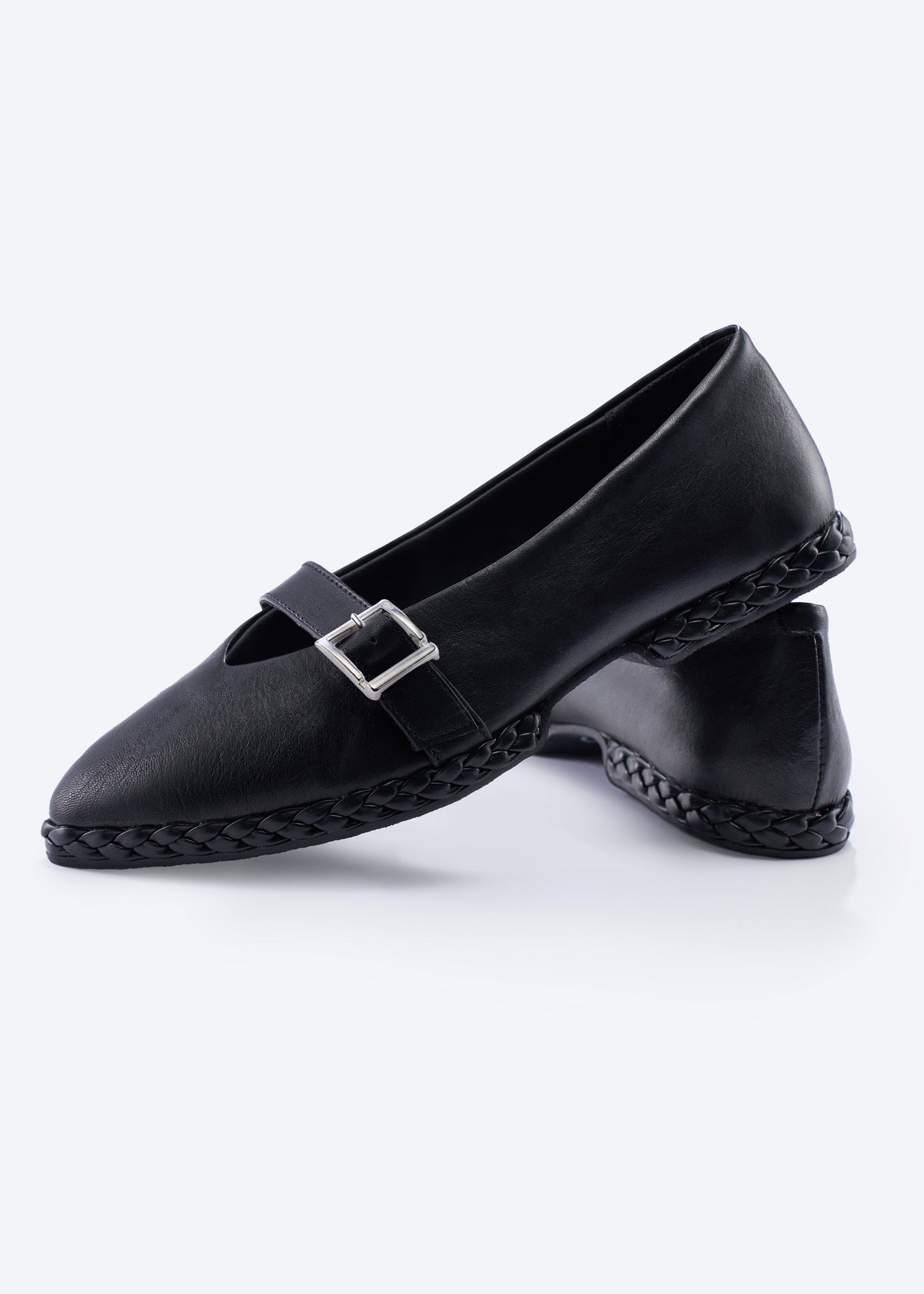 Pair of Remini Black Leather Mary-Jane Pointed Toe Flats with a Braided Sole