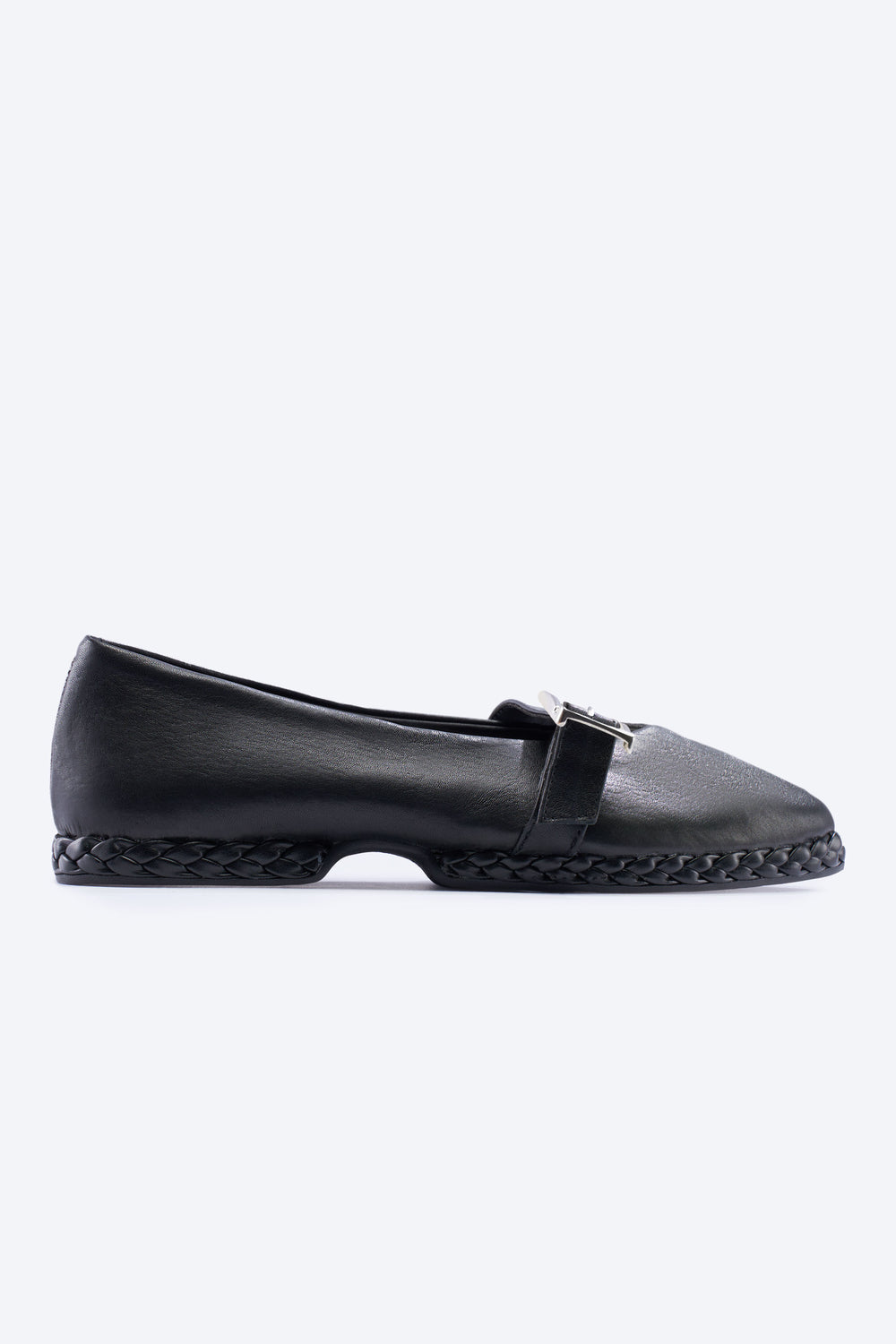 Remini Black Leather Mary-Jane Flats with a Braided Sole