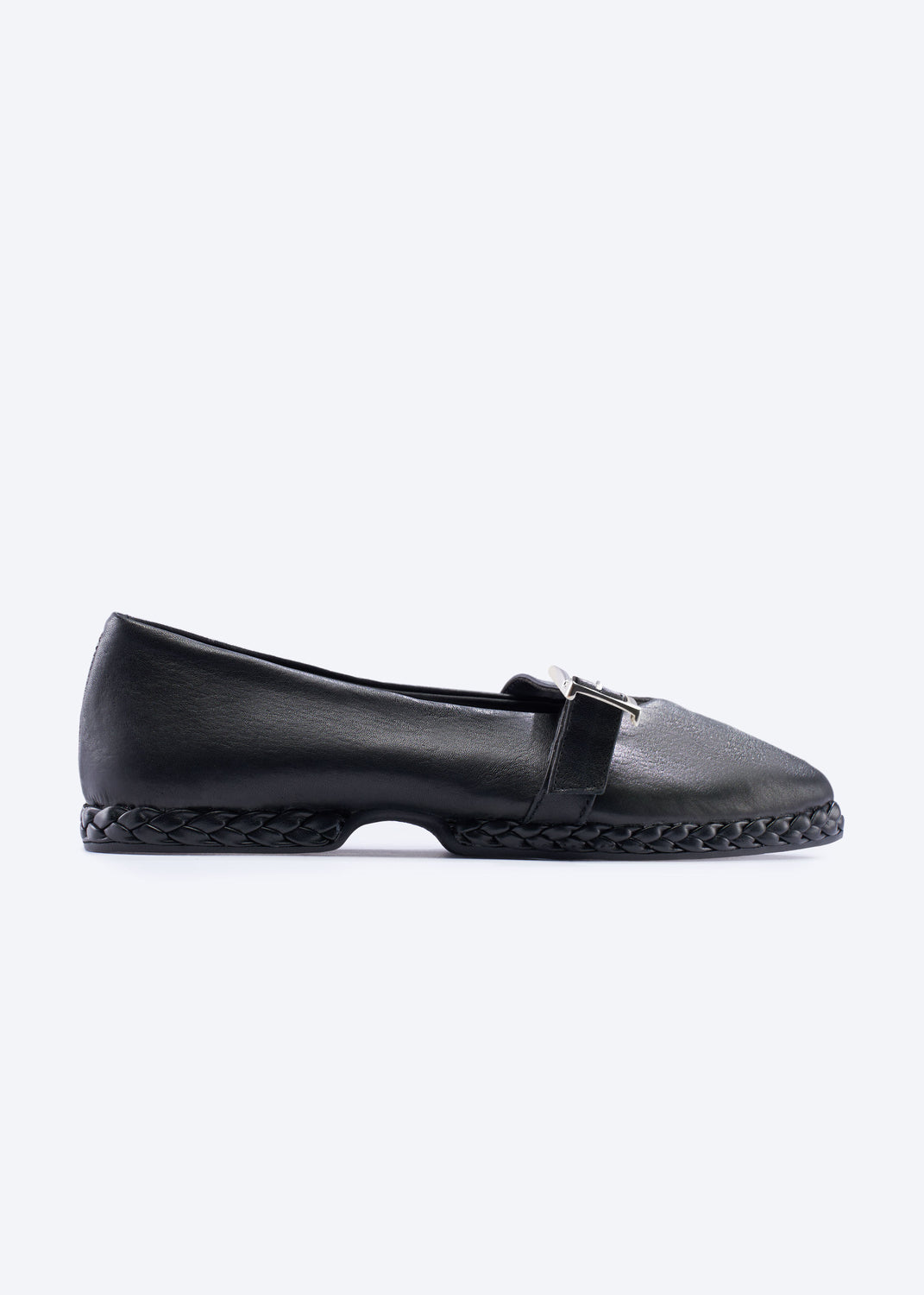 Remini Black Leather Mary-Jane Flats with a Braided Sole