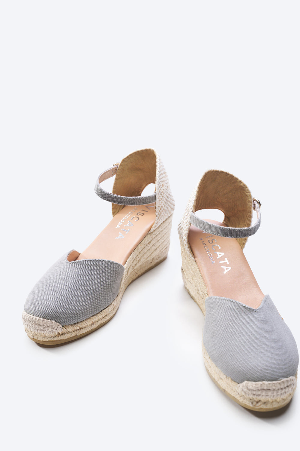 Reus Ash Grey Canvas Ankle Strap Women Espadrille Closed Toe Wedges