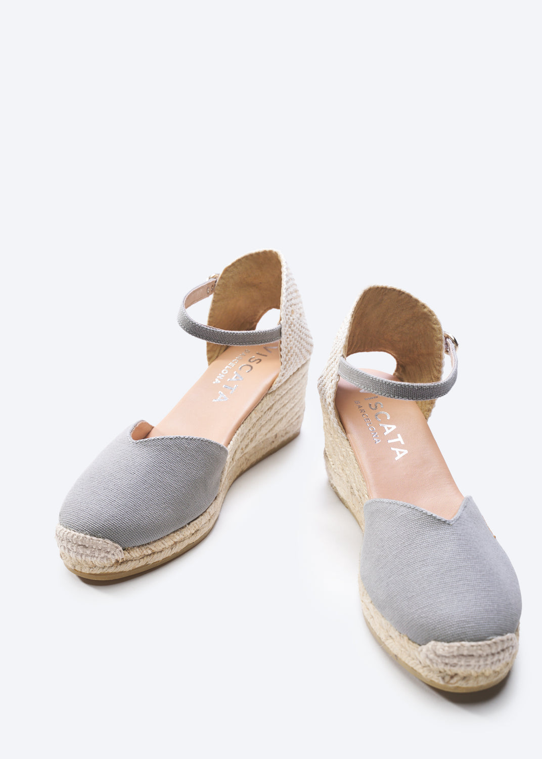 Reus Ash Grey Canvas Ankle Strap Women Espadrille Closed Toe Wedges
