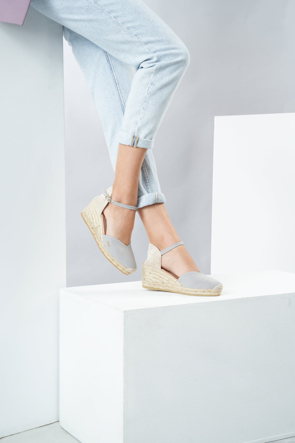 Reus Ash Grey Canvas Ankle Strap Women Espadrille Wedges Legs